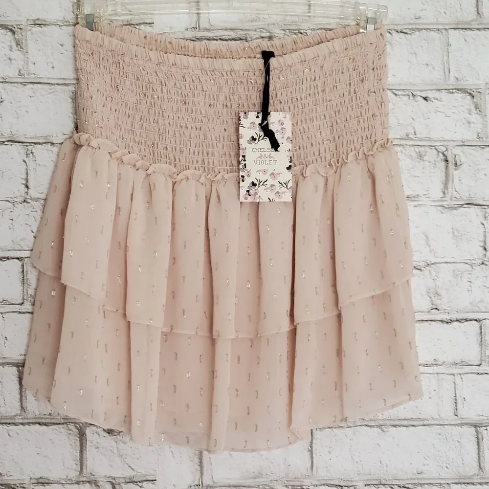 Chelsea & Violet Blush Pink Smocked Waist Sparkle Tiered Mini Skirt Large 12 NWT